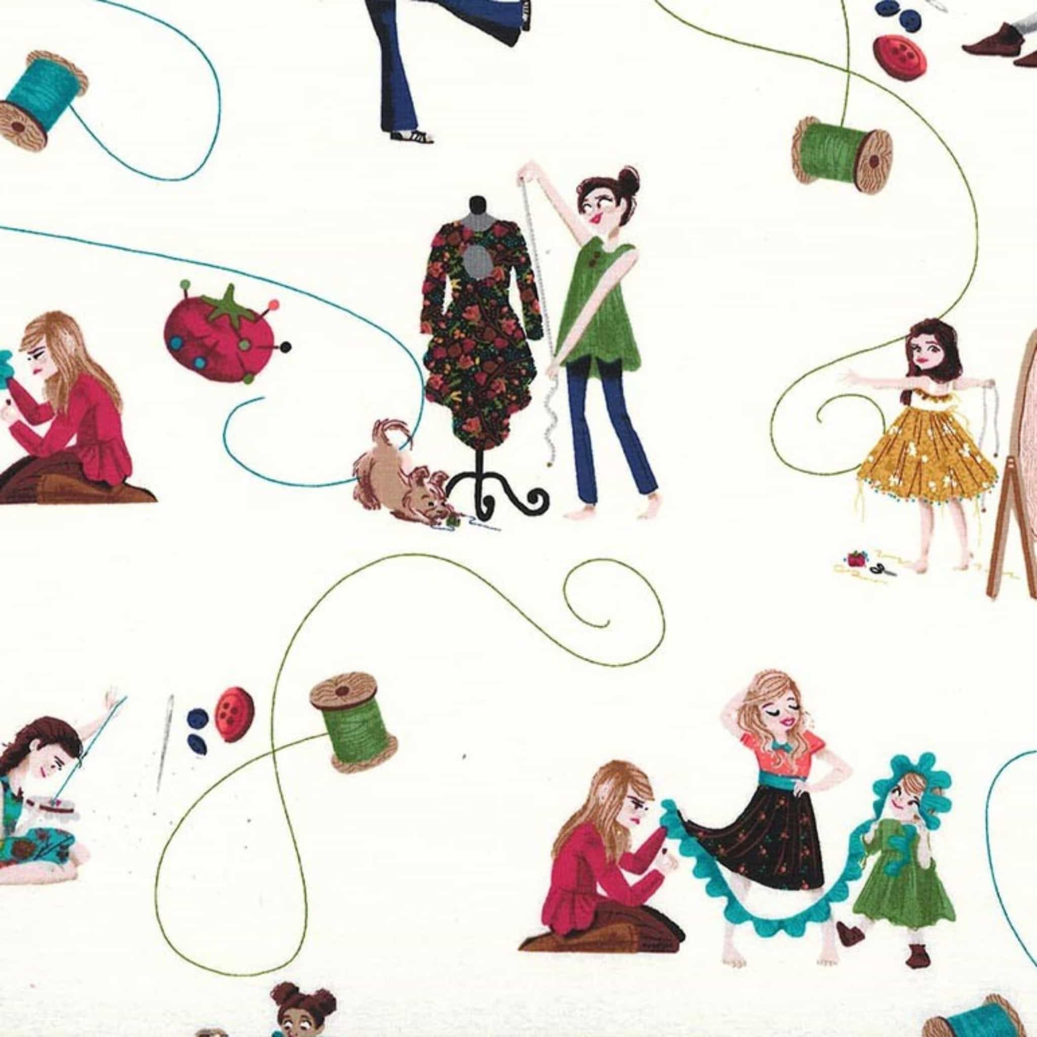 Little Sewists fabric in blush pink with delicate stitching motifs, perfect for quilts, bags, and sewing projects