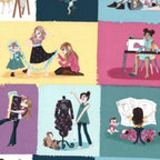 Little Sewists patchwork block fabric in pastel tones with sewing illustrations, perfect for quilts, bags, and dressmaking