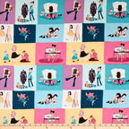 Little Sewists patchwork block fabric in pastel tones with sewing illustrations, perfect for quilts, bags, and dressmaking