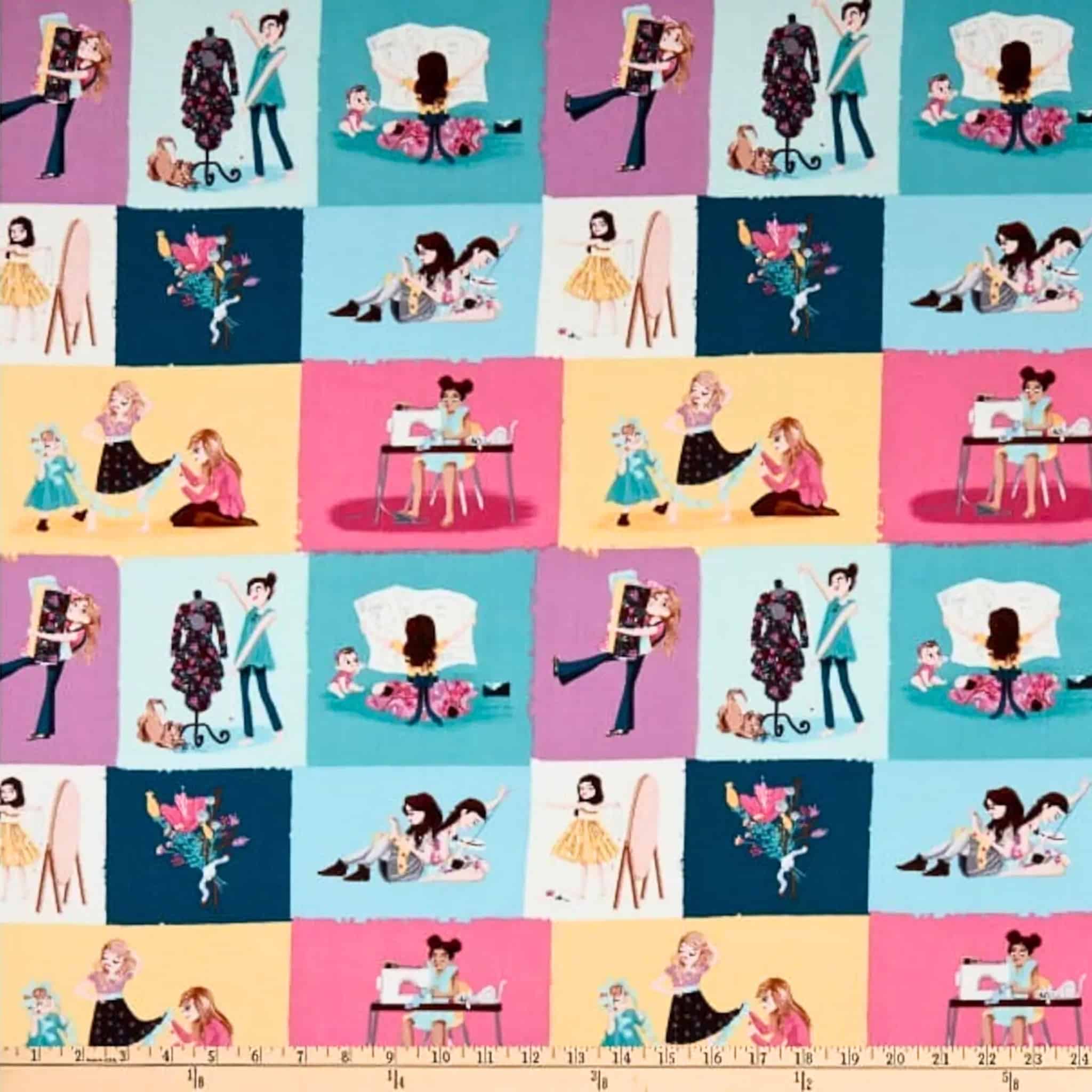 Little Sewists patchwork block fabric in pastel tones with sewing illustrations, perfect for quilts, bags, and dressmaking