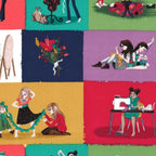 Little Sewists patchwork block fabric in jewel tones with sewing illustrations, perfect for quilts, bags, and dressmaking