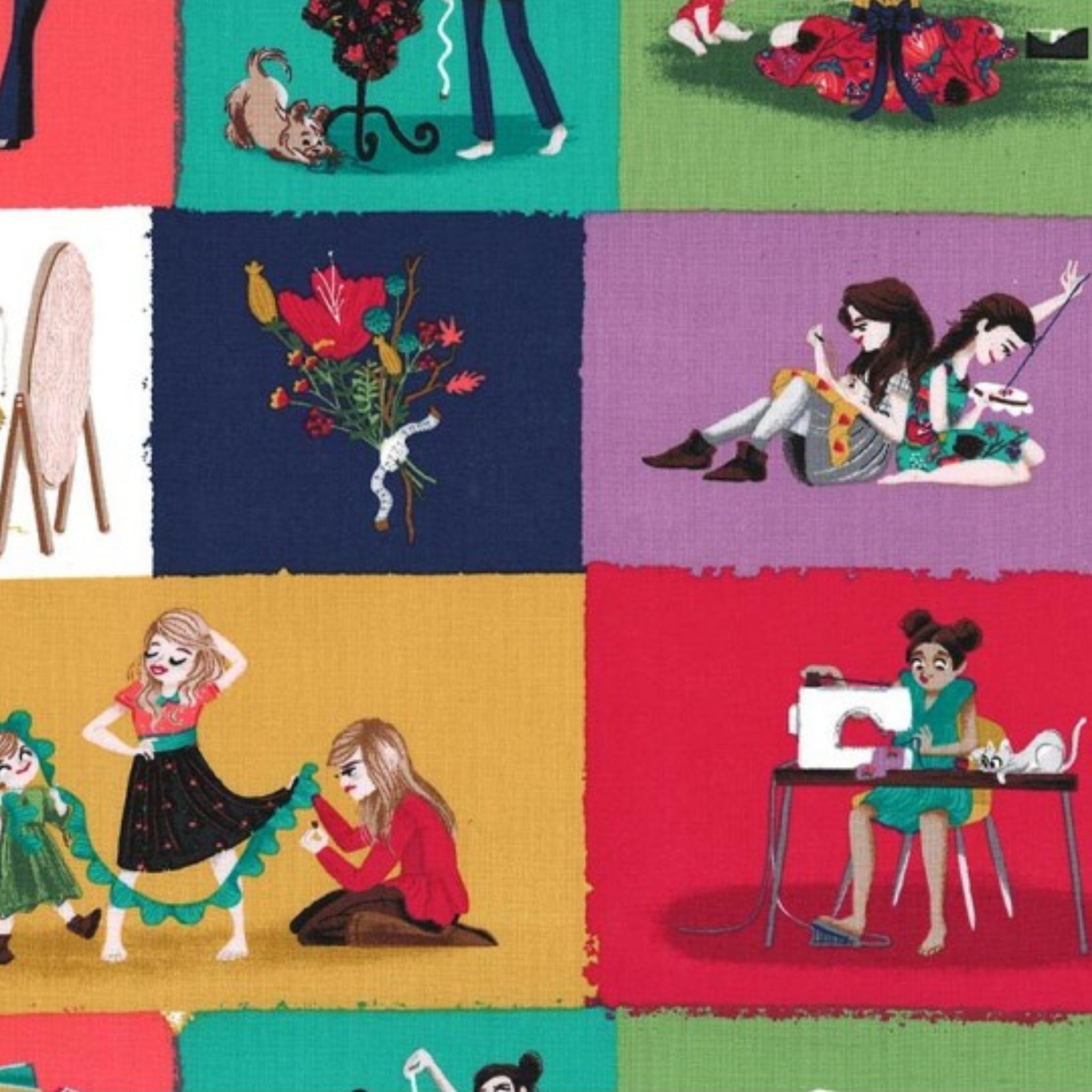 Little Sewists patchwork block fabric in jewel tones with sewing illustrations, perfect for quilts, bags, and dressmaking