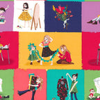 Little Sewists patchwork block fabric in jewel tones with sewing illustrations, perfect for quilts, bags, and dressmaking