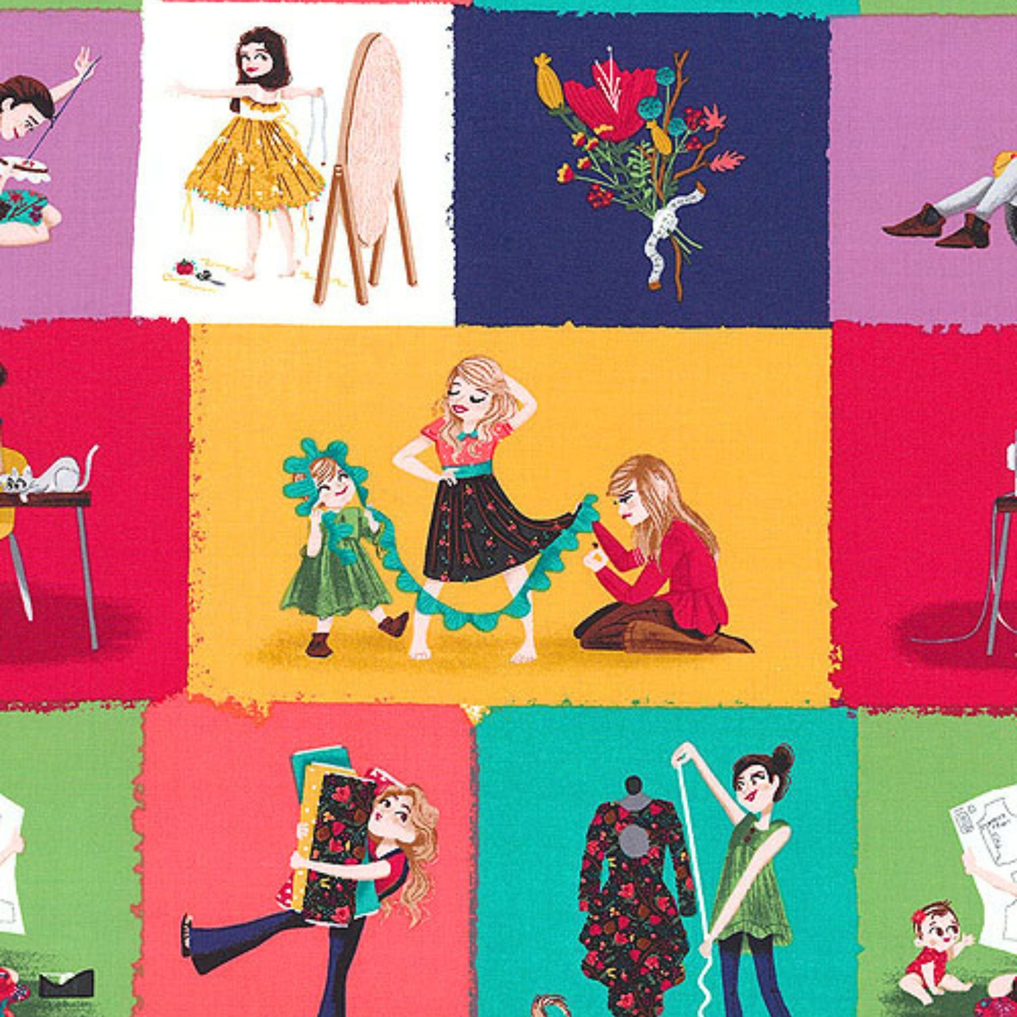 Little Sewists patchwork block fabric in jewel tones with sewing illustrations, perfect for quilts, bags, and dressmaking