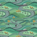 Rolling green hills winding roads sheep horses cows stone farmhouses steam train countryside fabric for farm quilts rural gifts patchwork sewing projects