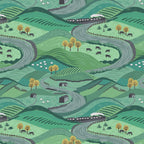 Rolling green hills winding roads sheep horses cows stone farmhouses steam train countryside fabric for farm quilts rural gifts patchwork sewing projects