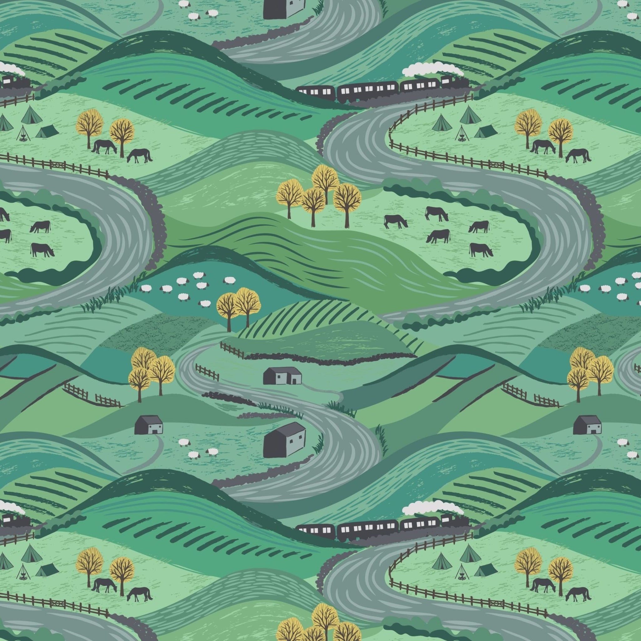 Rolling green hills winding roads sheep horses cows stone farmhouses steam train countryside fabric for farm quilts rural gifts patchwork sewing projects