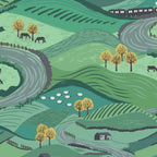Rolling green hills winding roads sheep horses cows stone farmhouses steam train countryside fabric for farm quilts rural gifts patchwork sewing projects