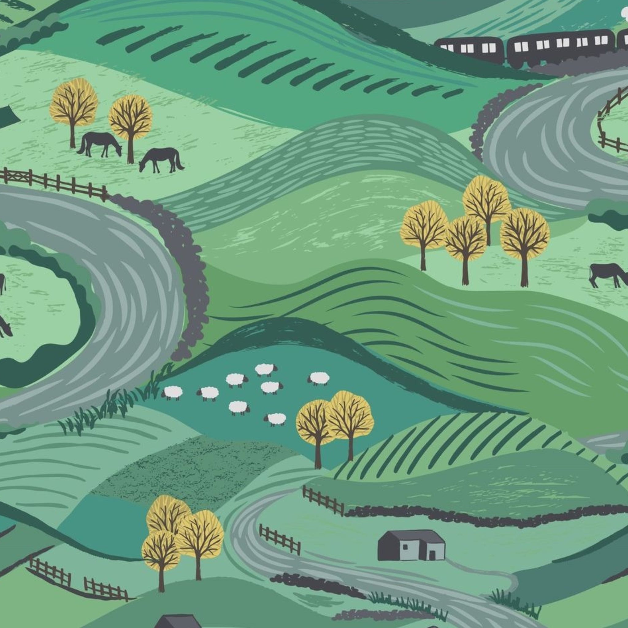 Rolling green hills winding roads sheep horses cows stone farmhouses steam train countryside fabric for farm quilts rural gifts patchwork sewing projects