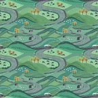 Pastoral green hills winding roads sheep horses cows stone farmhouses steam train countryside fabric for farm quilts rural gifts patchwork sewing projects