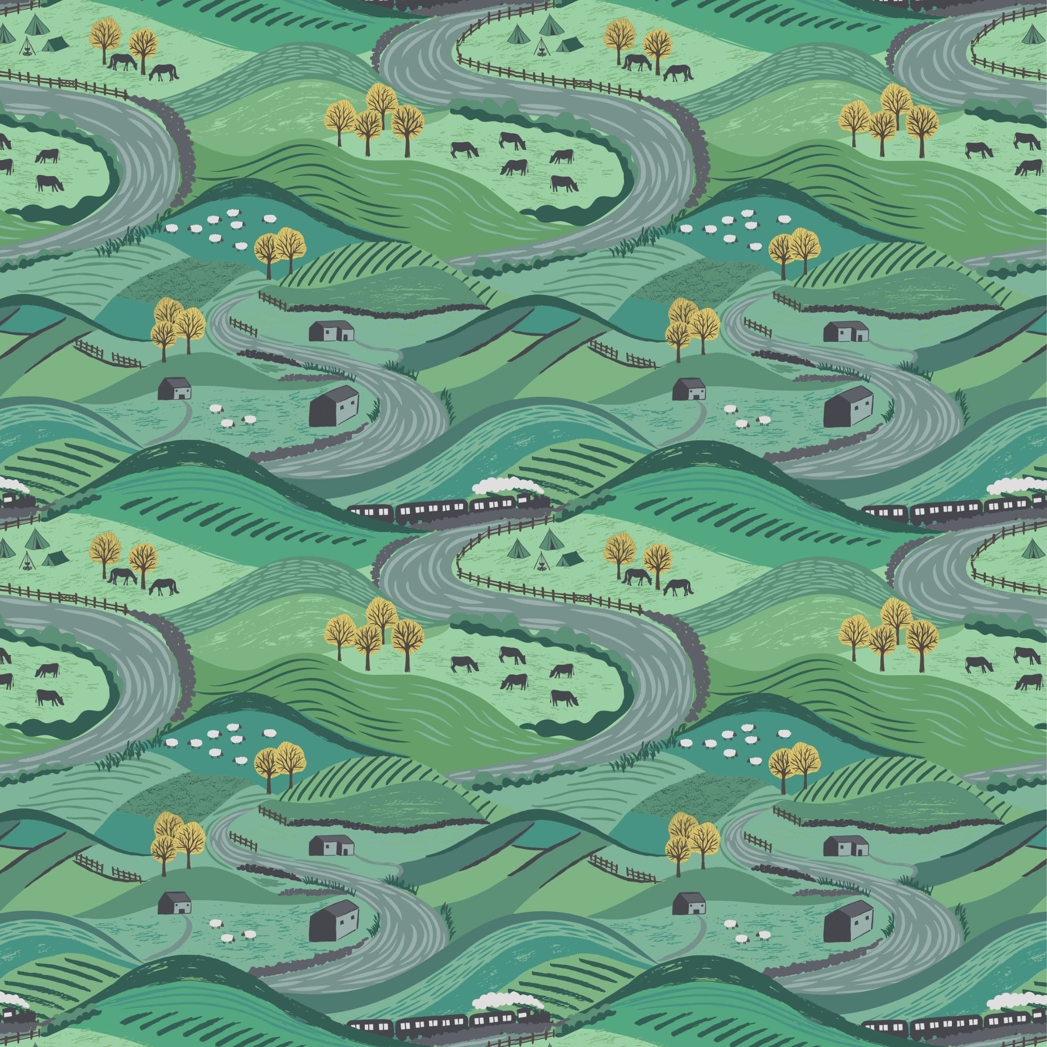 Pastoral green hills winding roads sheep horses cows stone farmhouses steam train countryside fabric for farm quilts rural gifts patchwork sewing projects