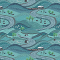 Rolling teal hills winding roads sheep horses cows stone farmhouses steam train countryside fabric for farm quilts rural gifts patchwork sewing projects