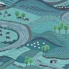 Rolling teal hills winding roads sheep horses cows stone farmhouses steam train countryside fabric for farm quilts rural gifts patchwork sewing projects