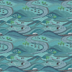 Pastoral teal hills winding roads sheep horses cows stone farmhouses steam train countryside fabric for farm quilts rural gifts patchwork sewing projects