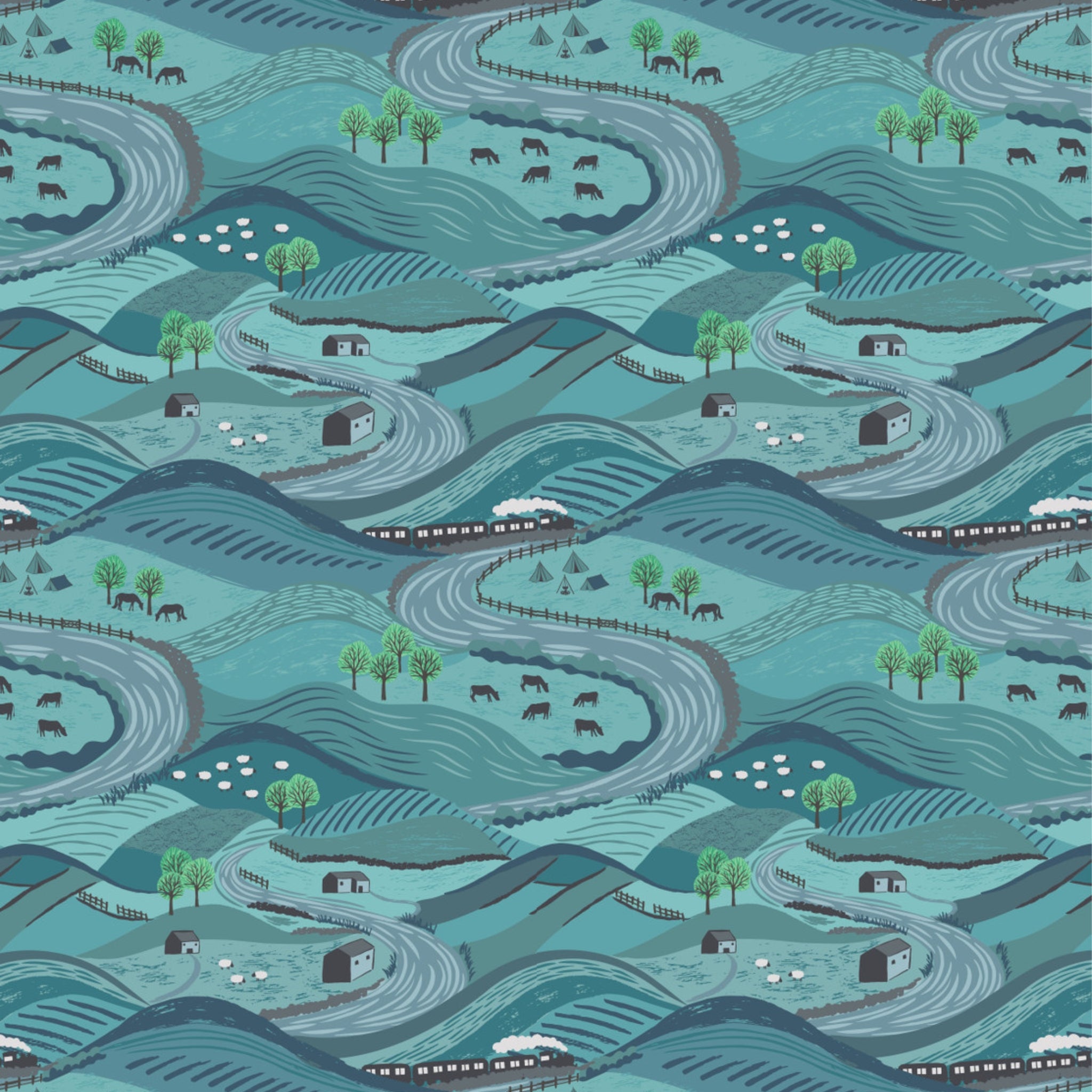Pastoral teal hills winding roads sheep horses cows stone farmhouses steam train countryside fabric for farm quilts rural gifts patchwork sewing projects