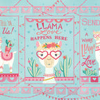 Llama Love panel aqua Llama Love Happens Here block llama heart shaped glasses flower crown cacti fabric for girls quilts and novelty sewing