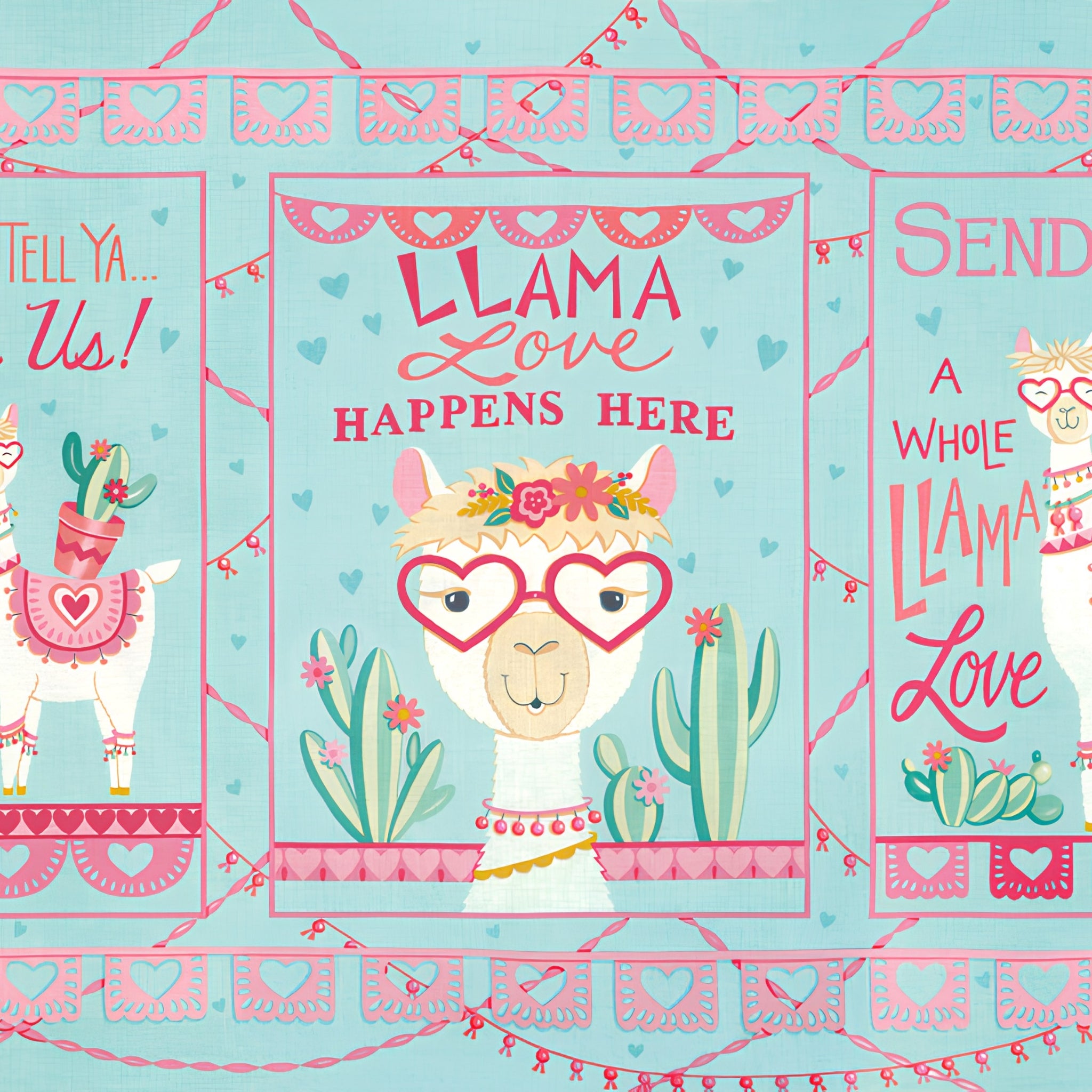 Llama Love panel aqua Llama Love Happens Here block llama heart shaped glasses flower crown cacti fabric for girls quilts and novelty sewing