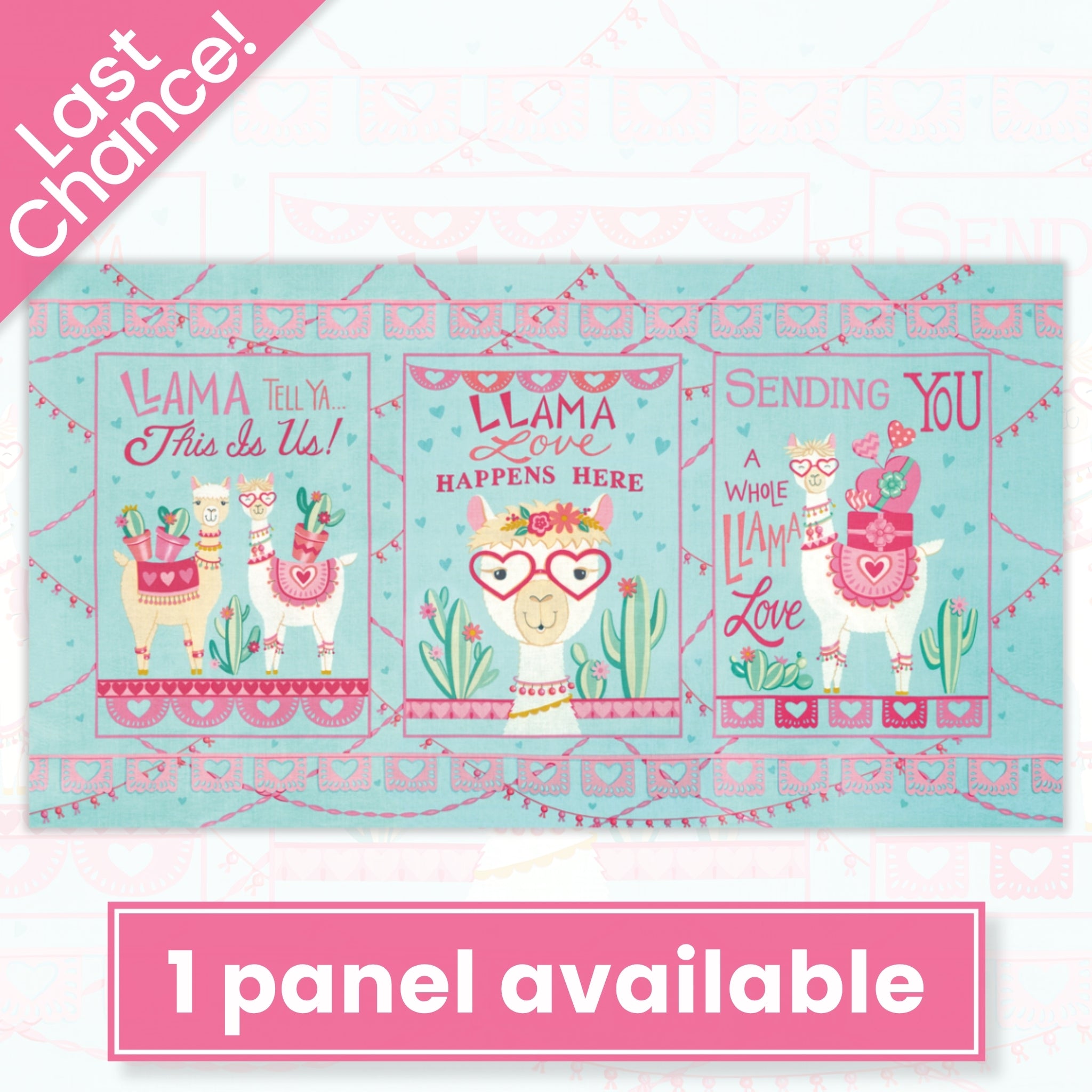Llama Love novelty panel aqua three blocks llama puns heart glasses cacti bunting fabric for girls quilts wall hangings and tween bedroom projects