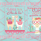 Llama Love panel aqua Llama Tell Ya This Is Us block two llamas heart glasses cacti pink hearts fabric for girls quilts and novelty sewing