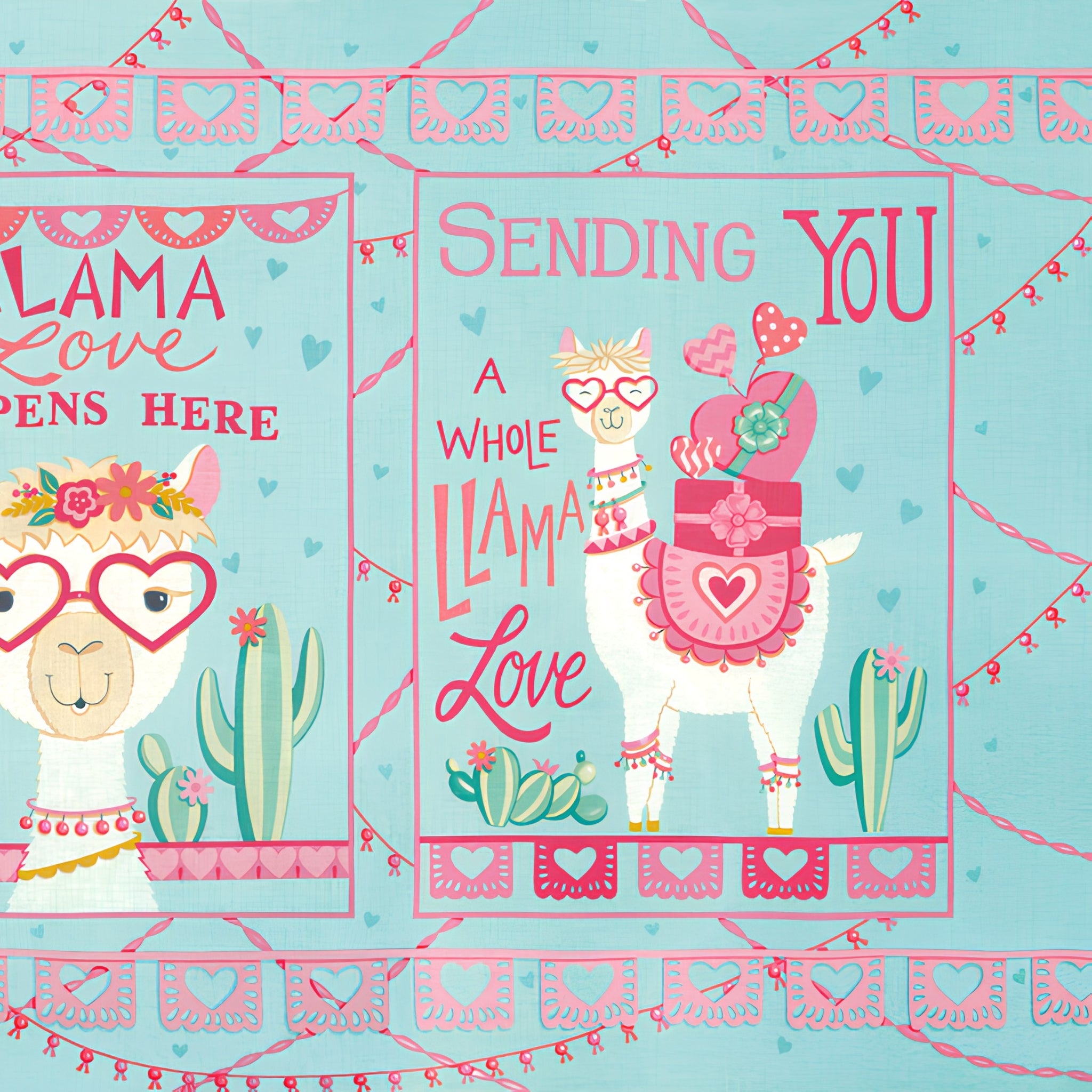 Llama Love panel aqua Sending You a Whole Llama Love block llama heart glasses gifts cacti fabric for girls quilts and novelty sewing