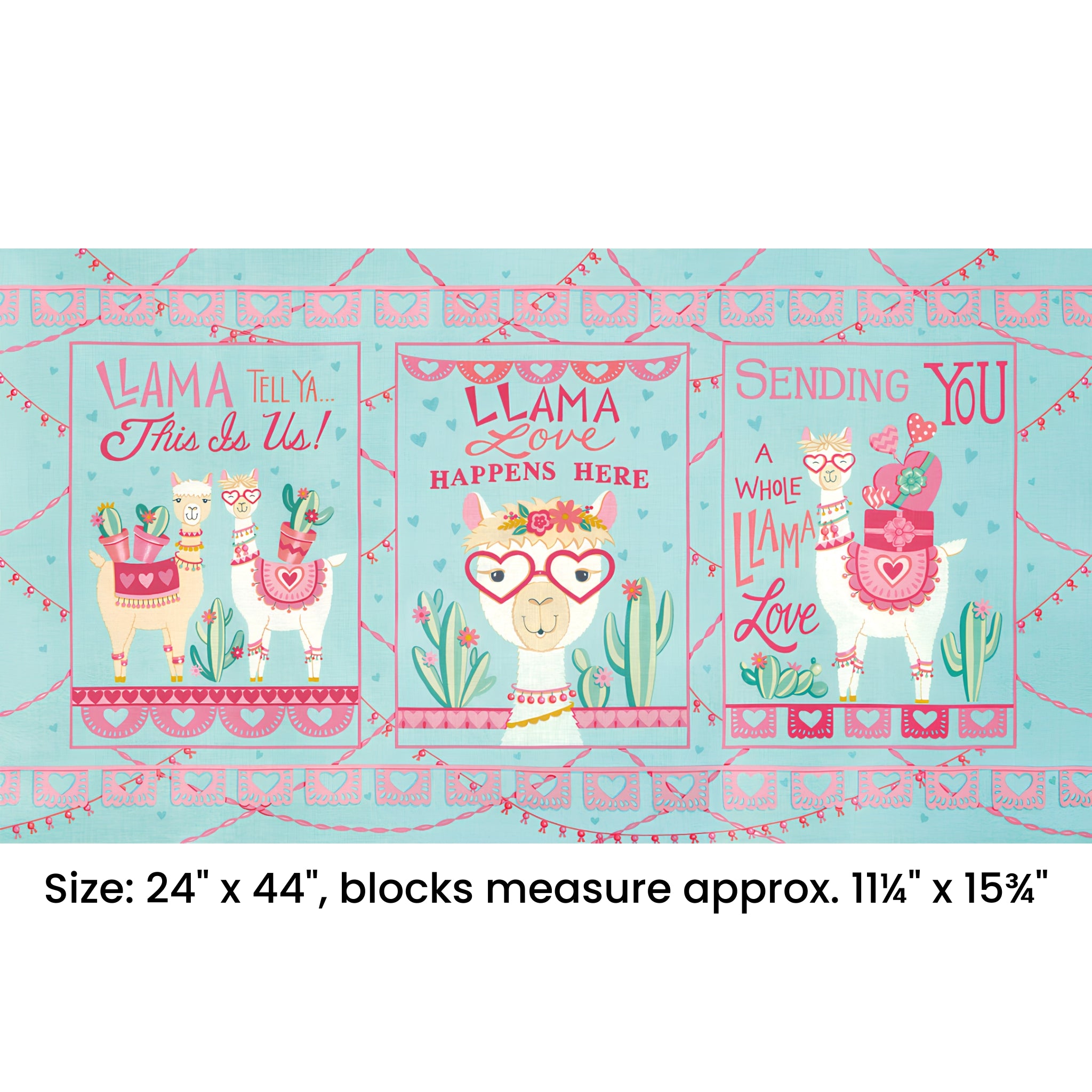 Llama Love novelty panel aqua three blocks llama puns heart glasses cacti bunting fabric for girls quilts wall hangings and tween bedroom projects