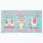 Llama Love novelty panel aqua three blocks llama puns heart glasses cacti bunting fabric for girls quilts wall hangings and tween bedroom projects
