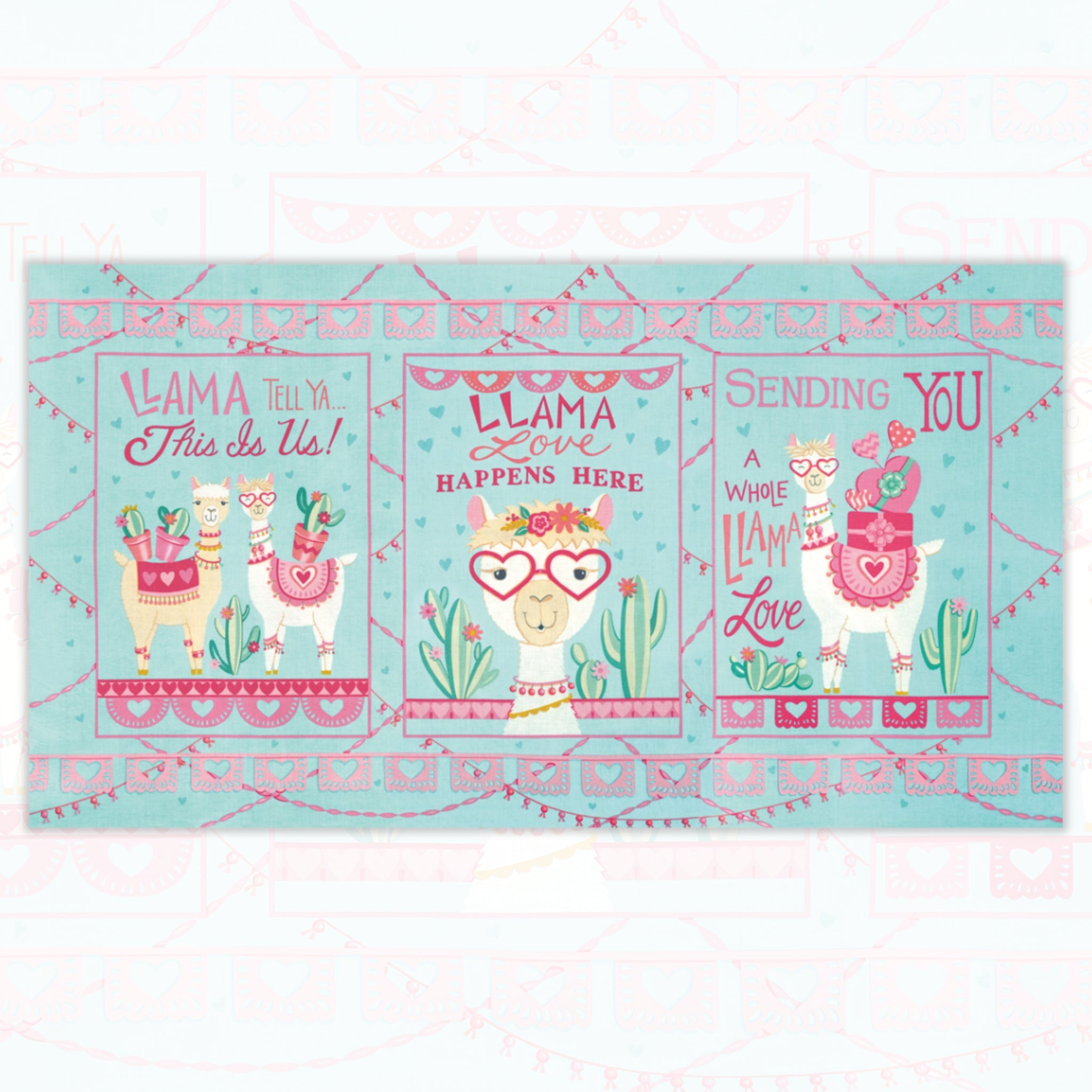 Llama Love novelty panel aqua three blocks llama puns heart glasses cacti bunting fabric for girls quilts wall hangings and tween bedroom projects