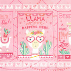 Llama Love panel pretty pink Llama Love Happens Here block llama heart shaped glasses flower crown cacti fabric for girls quilts and novelty sewing