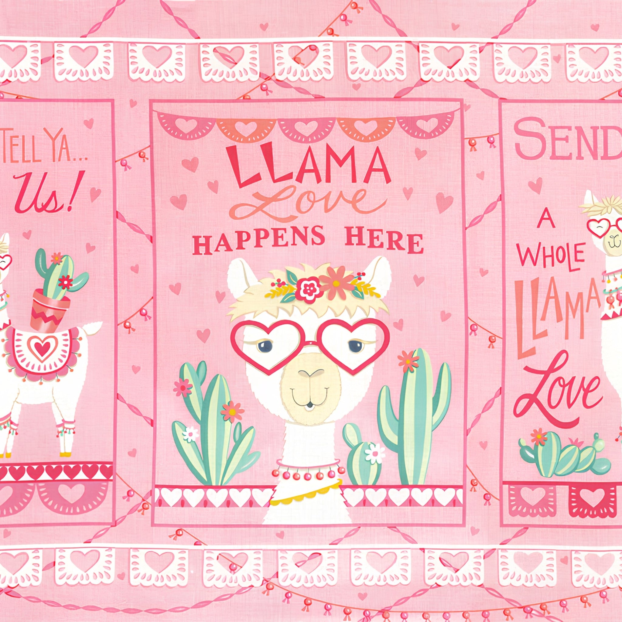Llama Love panel pretty pink Llama Love Happens Here block llama heart shaped glasses flower crown cacti fabric for girls quilts and novelty sewing