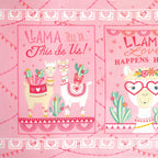 Llama Love panel pretty pink Llama Tell Ya This Is Us block two llamas heart glasses cacti pink hearts fabric for girls quilts and novelty sewing