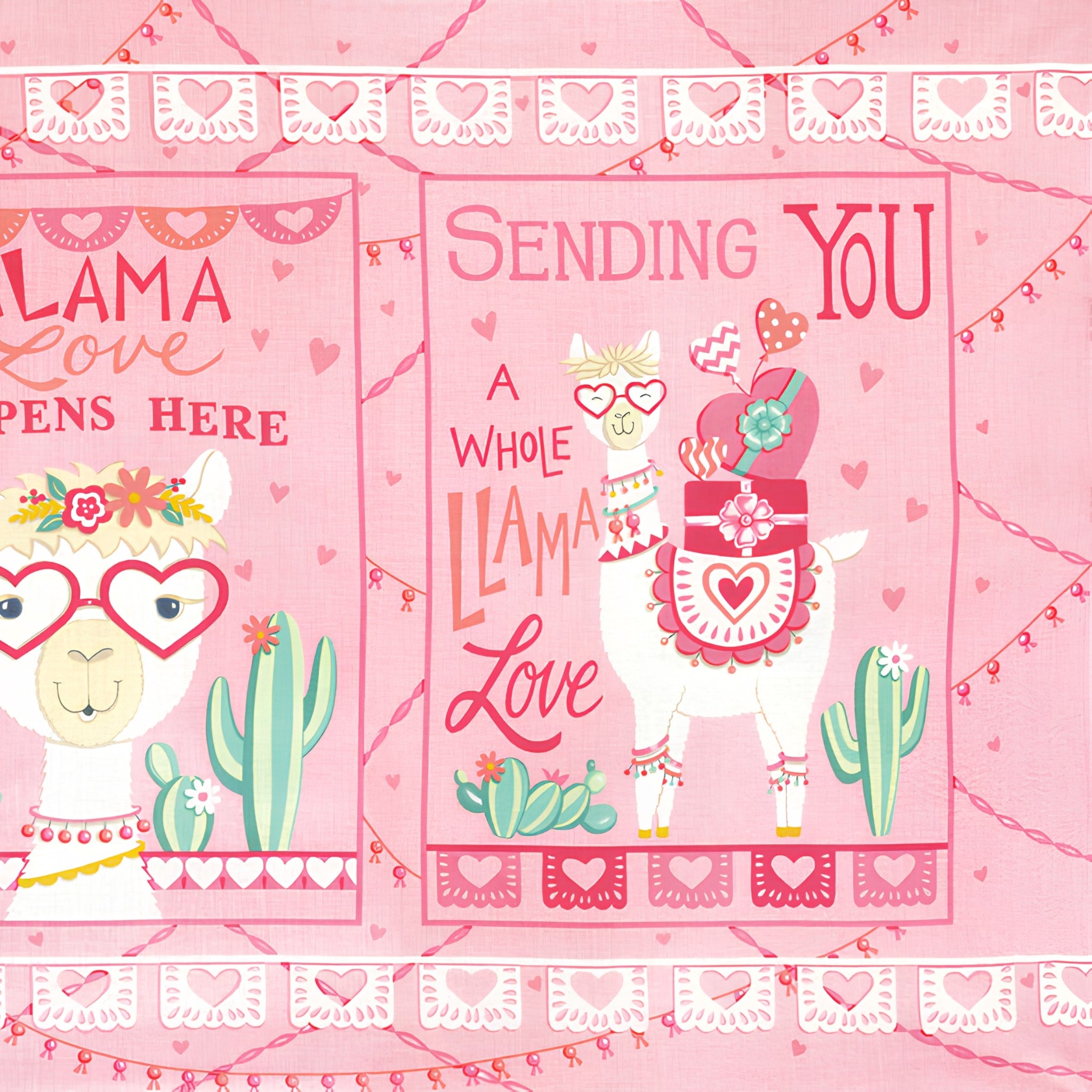 Llama Love panel pretty pink Sending You a Whole Llama Love block llama heart glasses gifts cacti fabric for girls quilts and novelty sewing