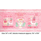 Llama Love novelty panel pretty pink three blocks llama puns heart glasses cacti bunting fabric for girls quilts wall hangings and tween bedroom projects
