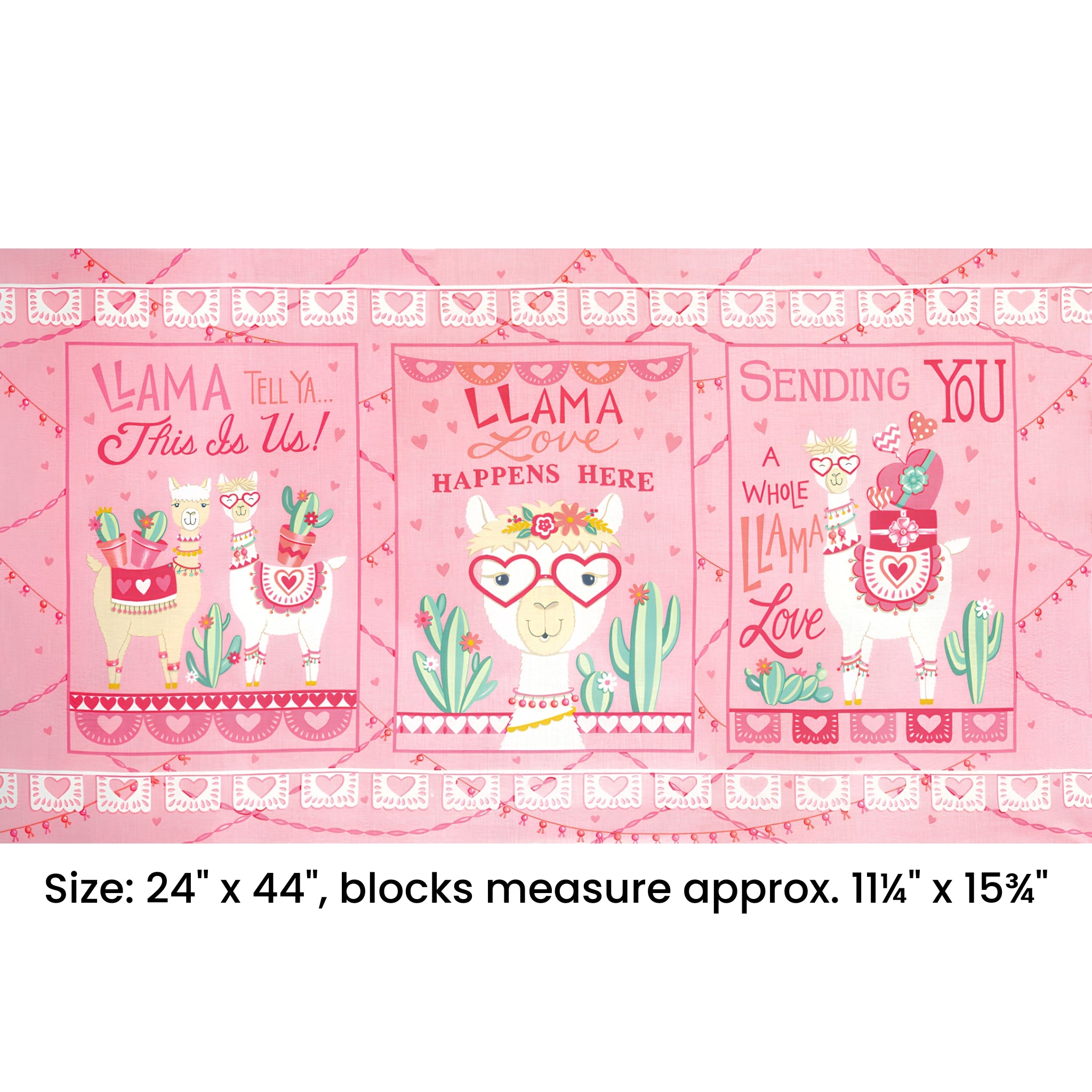 Llama Love novelty panel pretty pink three blocks llama puns heart glasses cacti bunting fabric for girls quilts wall hangings and tween bedroom projects