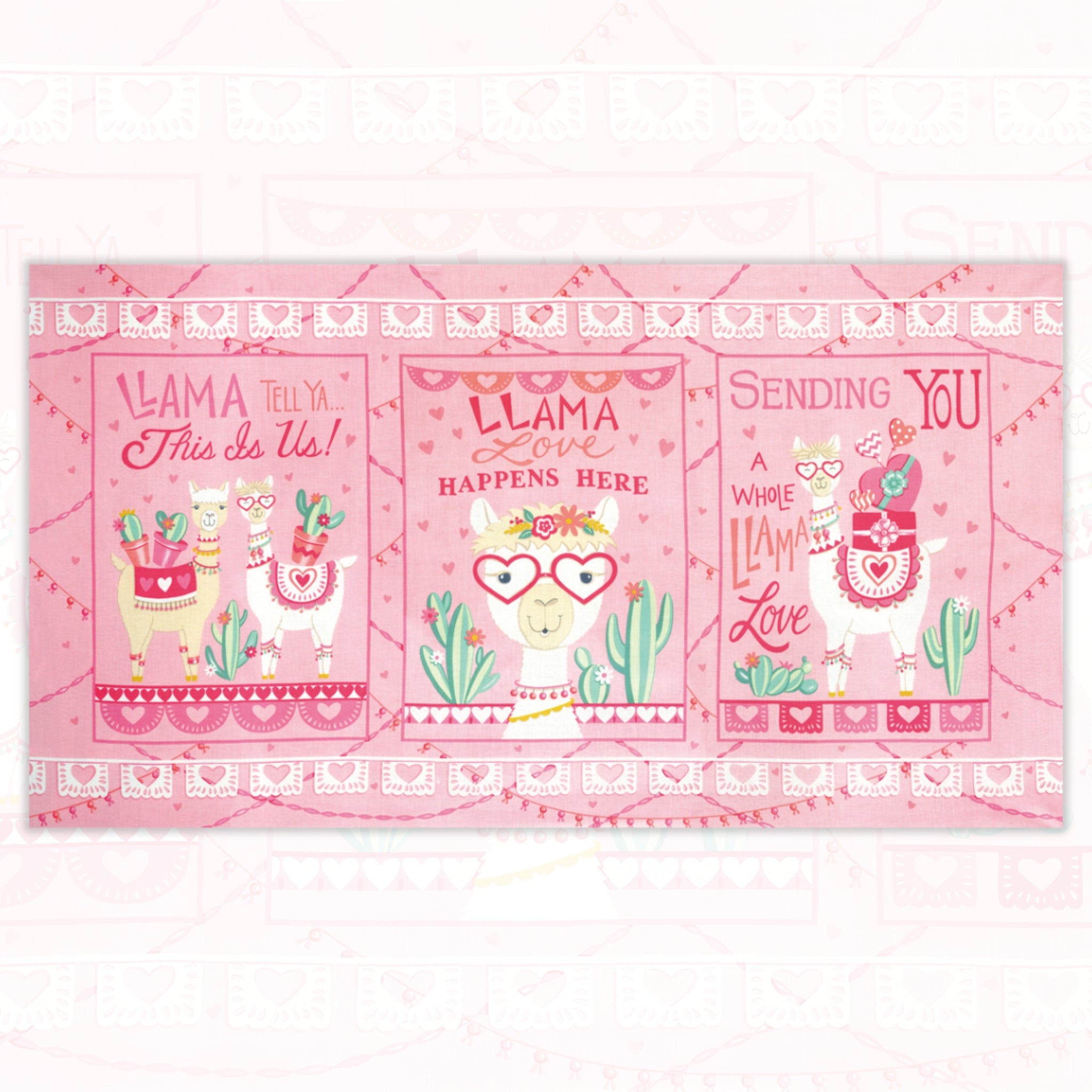 Llama Love novelty panel pretty pink three blocks llama puns heart glasses cacti bunting fabric for girls quilts wall hangings and tween bedroom projects