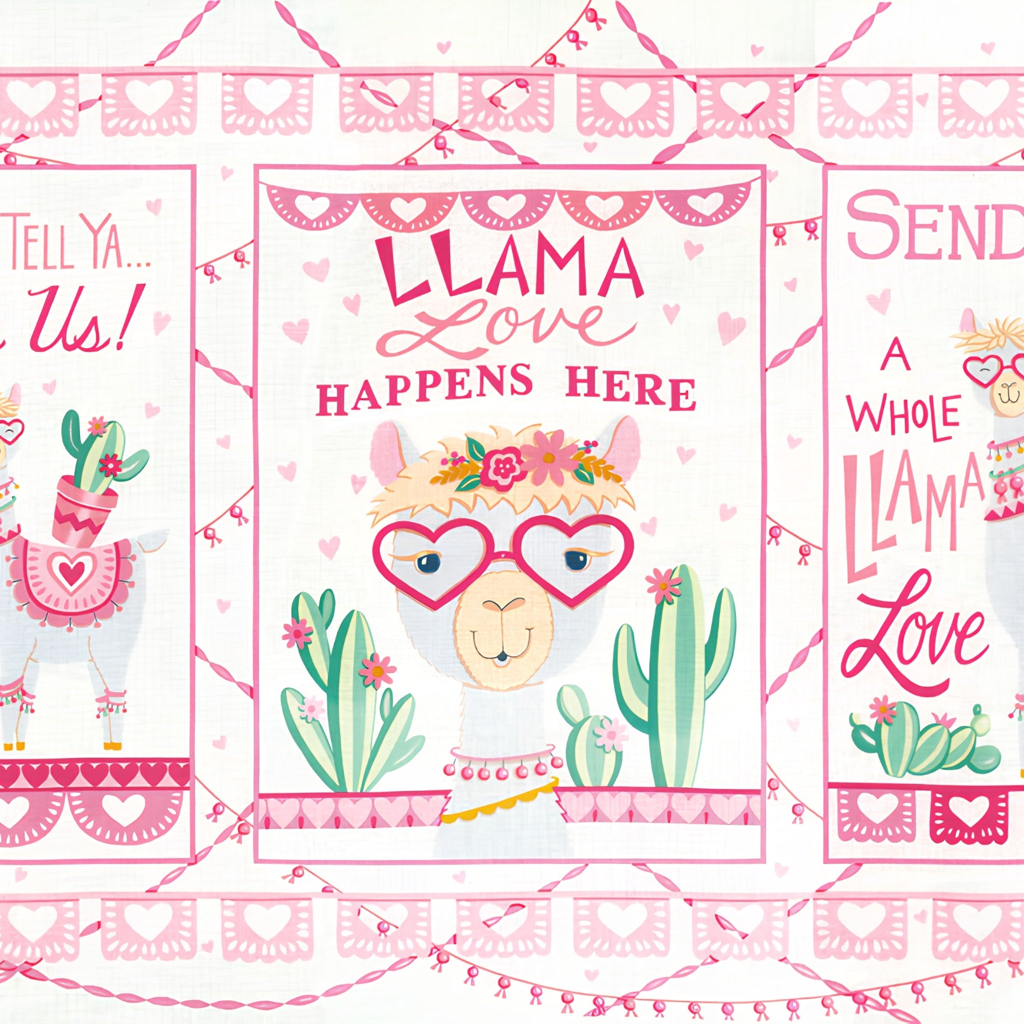Llama Love panel snowy white Llama Love Happens Here block llama heart shaped glasses flower crown cacti fabric for girls quilts and novelty sewing