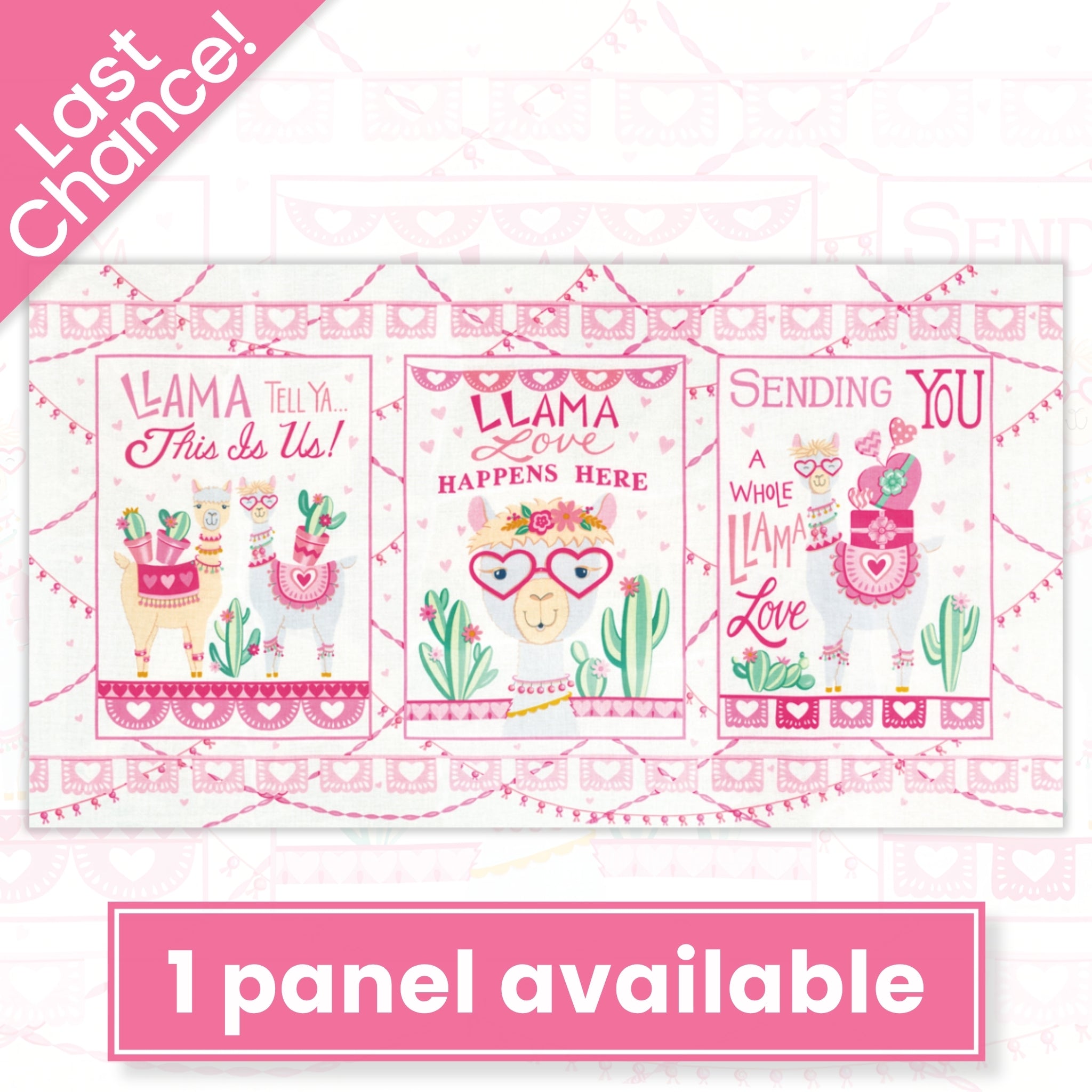 Llama Love novelty panel snowy white three blocks llama puns heart glasses cacti bunting fabric for girls quilts wall hangings and tween bedroom projects