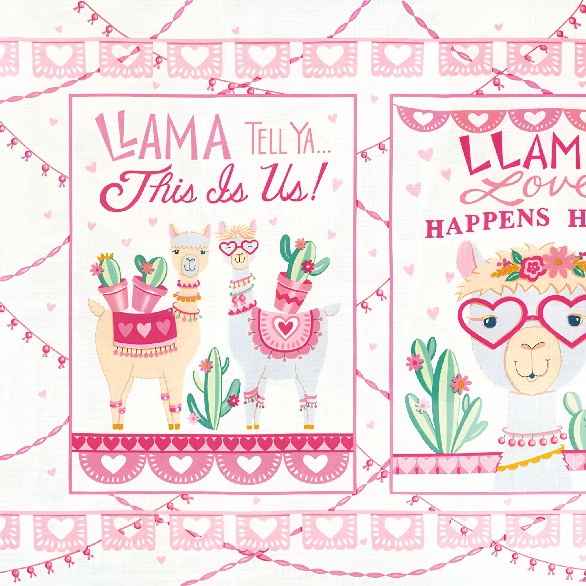 Llama Love panel snowy white Llama Tell Ya This Is Us block two llamas heart glasses cacti pink hearts fabric for girls quilts and novelty sewing