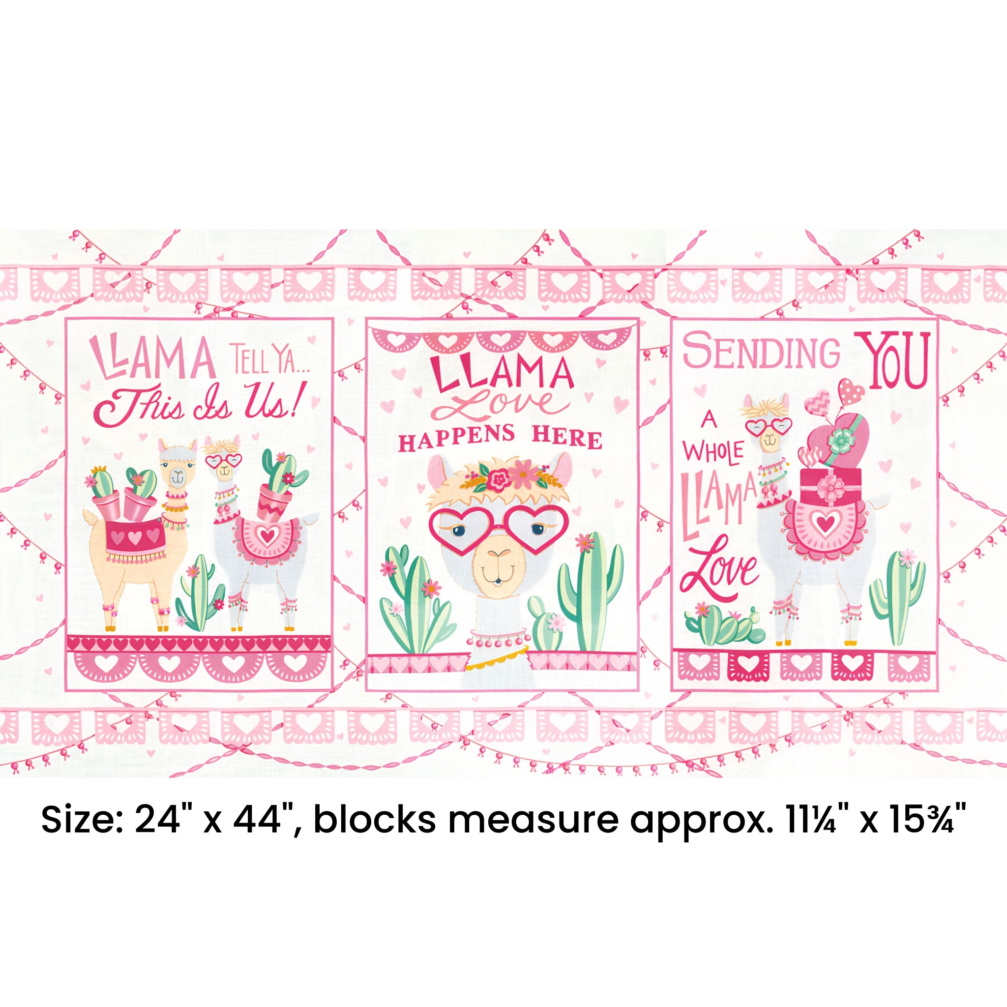 Llama Love novelty panel snowy white three blocks llama puns heart glasses cacti bunting fabric for girls quilts wall hangings and tween bedroom projects