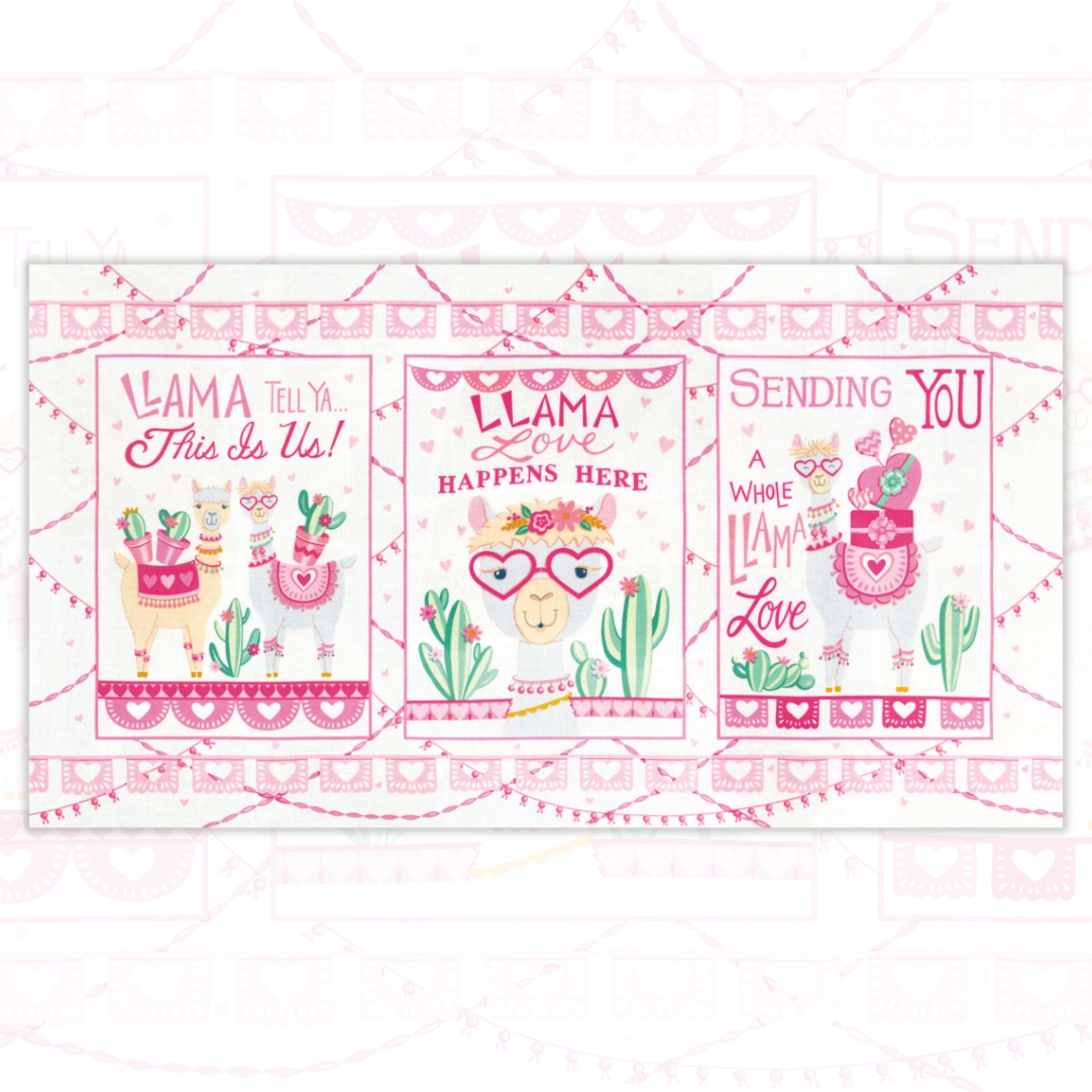 Llama Love novelty panel snowy white three blocks llama puns heart glasses cacti bunting fabric for girls quilts wall hangings and tween bedroom projects