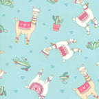 Cute quirky llamas heart shaped glasses cacti hearts pink aqua fabric for girls quilts tween bedroom projects and novelty patchwork sewing