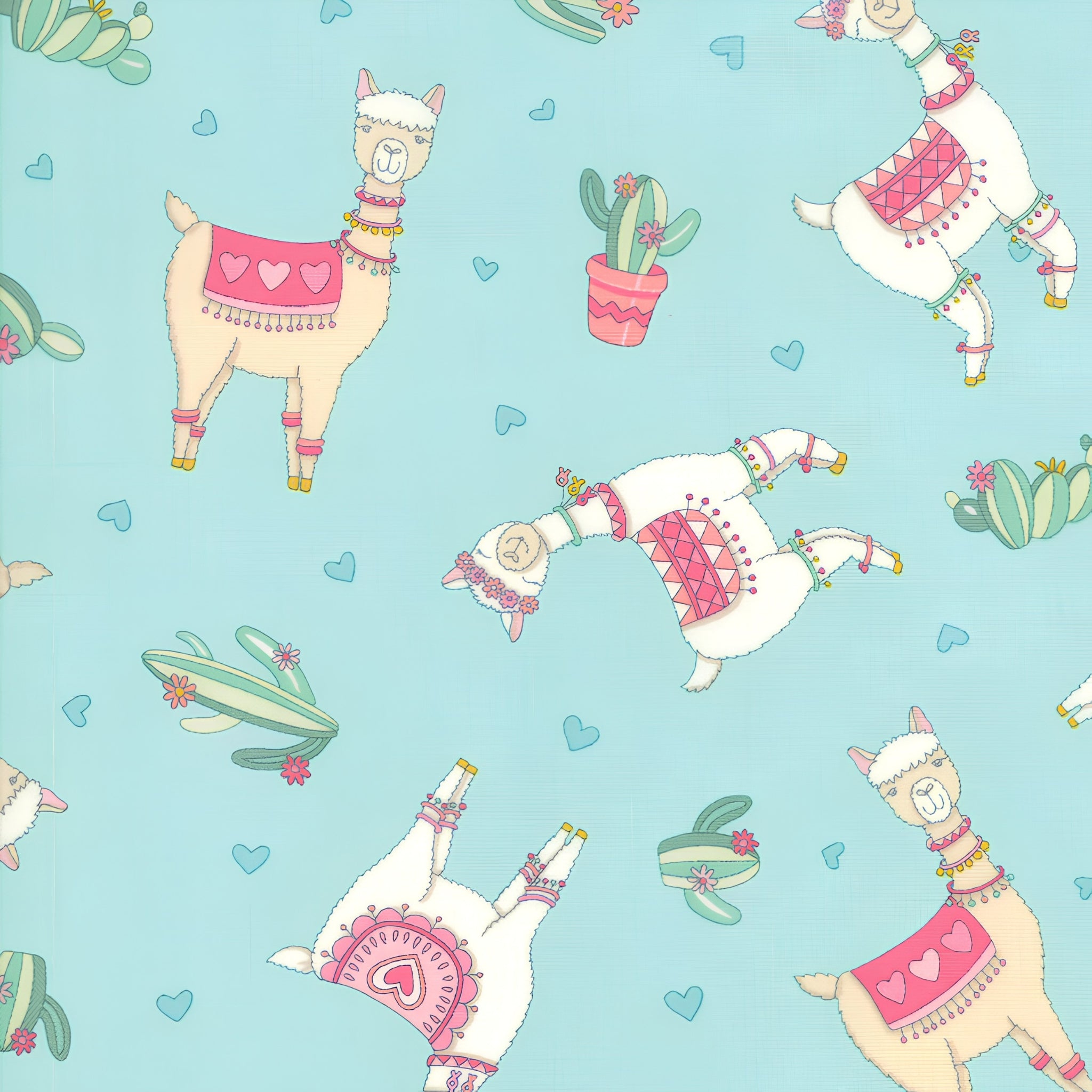 Cute quirky llamas heart shaped glasses cacti hearts pink aqua fabric for girls quilts tween bedroom projects and novelty patchwork sewing