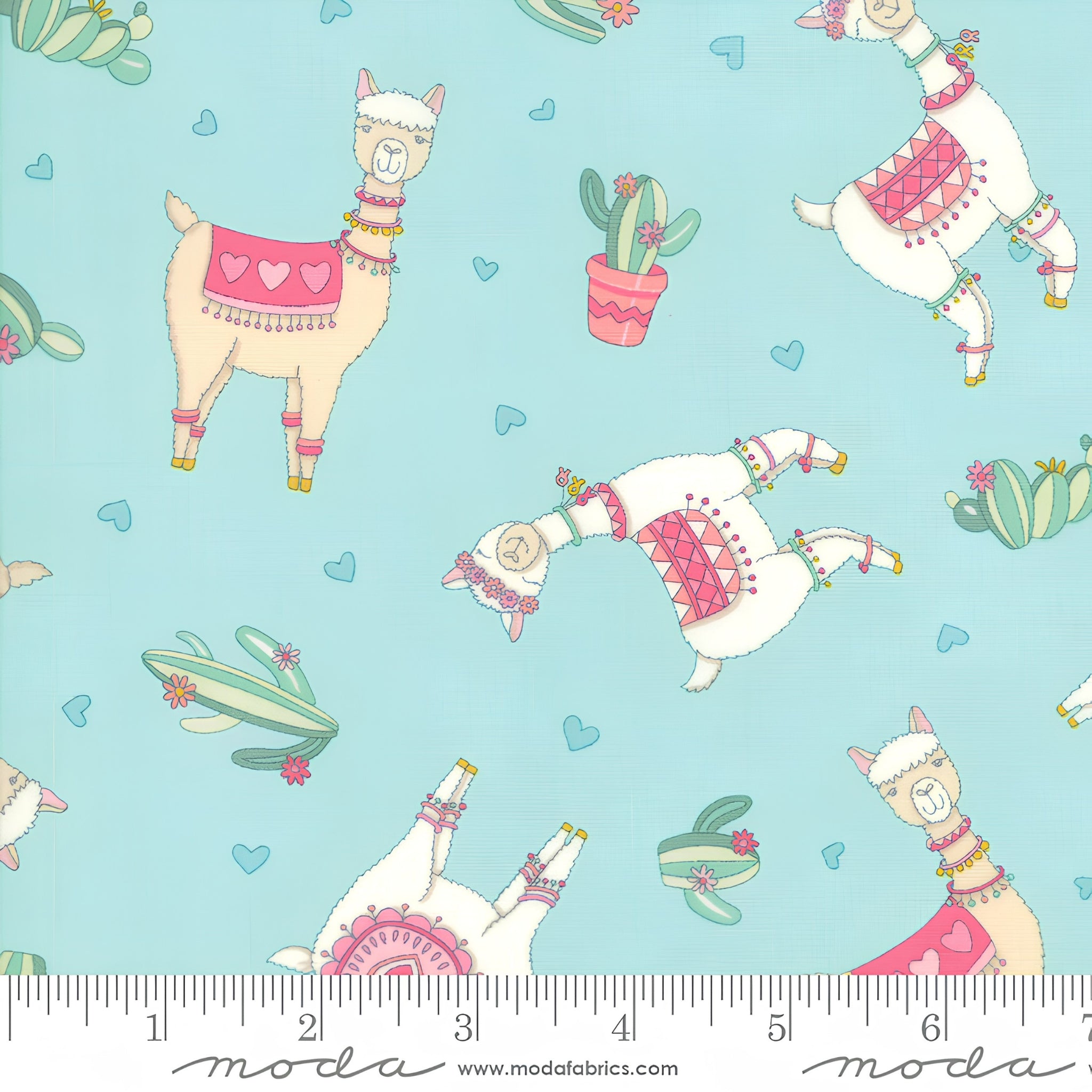 Cute quirky llamas heart shaped glasses cacti hearts pink aqua fabric for girls quilts tween bedroom projects and novelty patchwork sewing