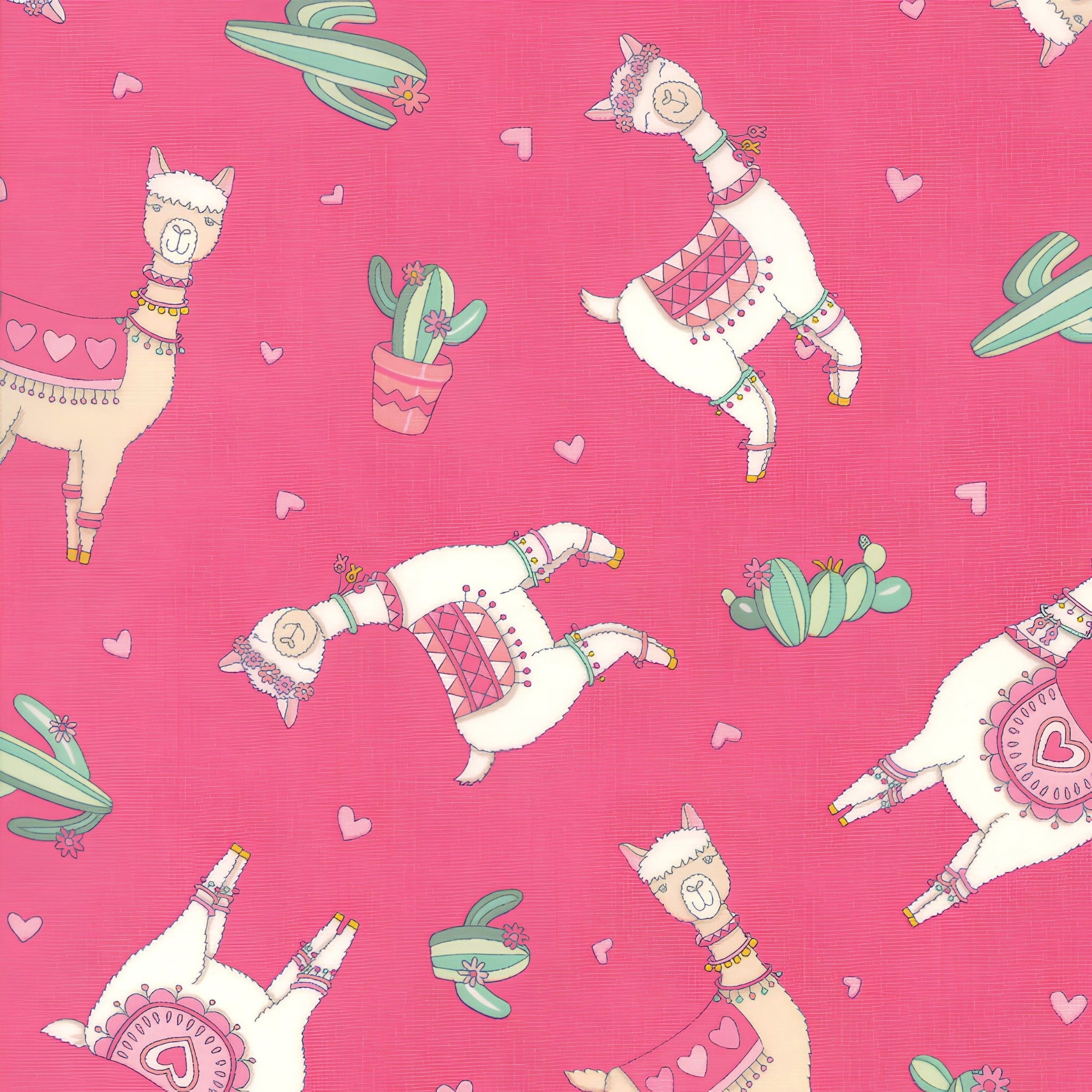Cute quirky llamas heart shaped glasses cacti hearts pink hot pink background fabric for girls quilts tween bedroom projects and novelty patchwork sewing