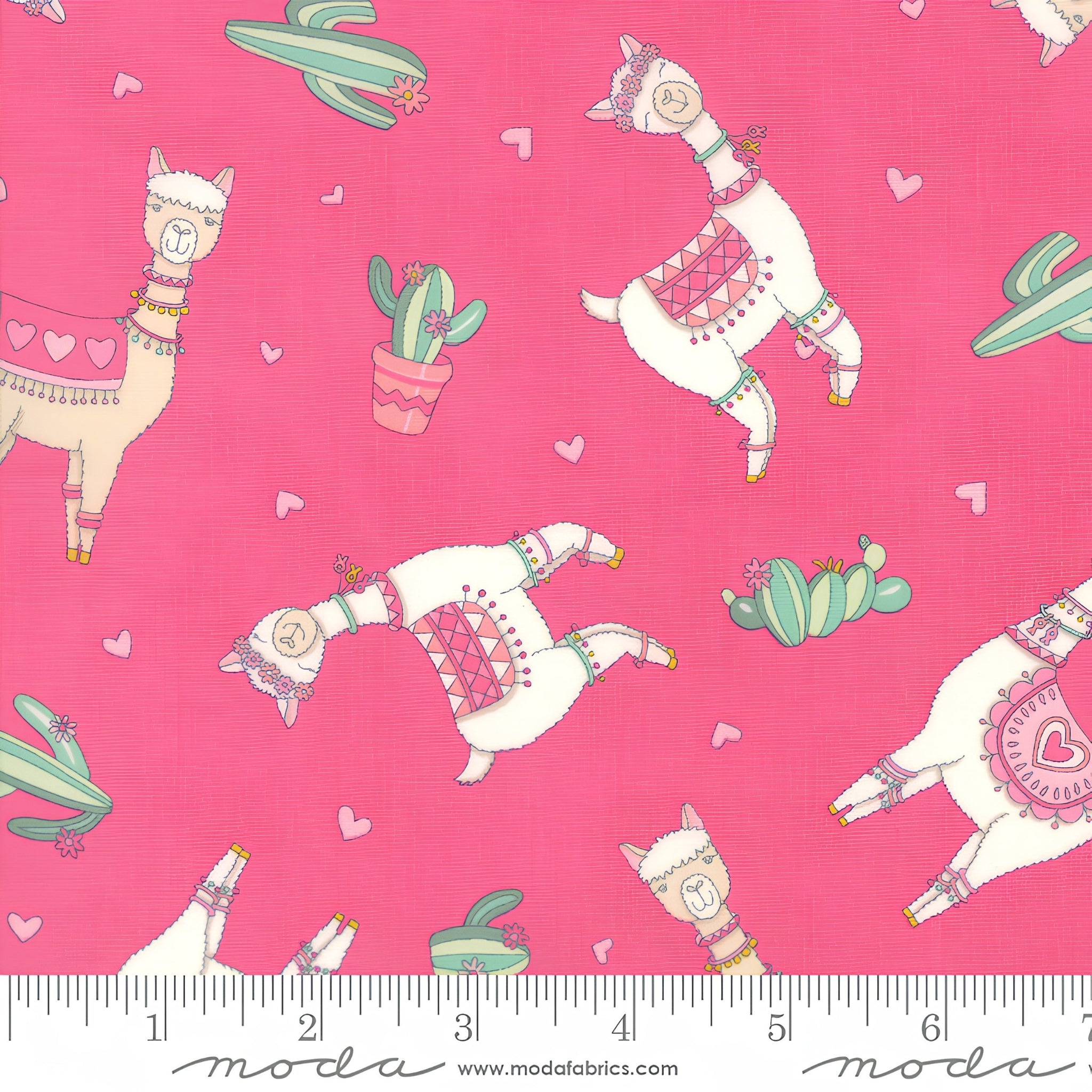Cute quirky llamas heart shaped glasses cacti hearts pink hot pink background fabric for girls quilts tween bedroom projects and novelty patchwork sewing