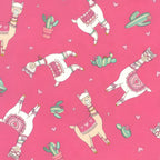Cute quirky llamas heart shaped glasses cacti hearts pink hot pink background fabric for girls quilts tween bedroom projects and novelty patchwork sewing