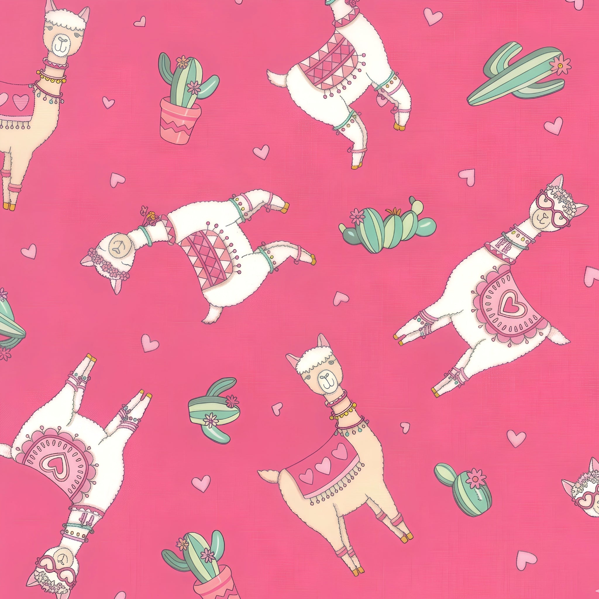 Cute quirky llamas heart shaped glasses cacti hearts pink hot pink background fabric for girls quilts tween bedroom projects and novelty patchwork sewing