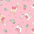 Cute quirky llamas heart shaped glasses cacti hearts pink pretty pink background fabric for girls quilts tween bedroom projects and novelty patchwork sewing