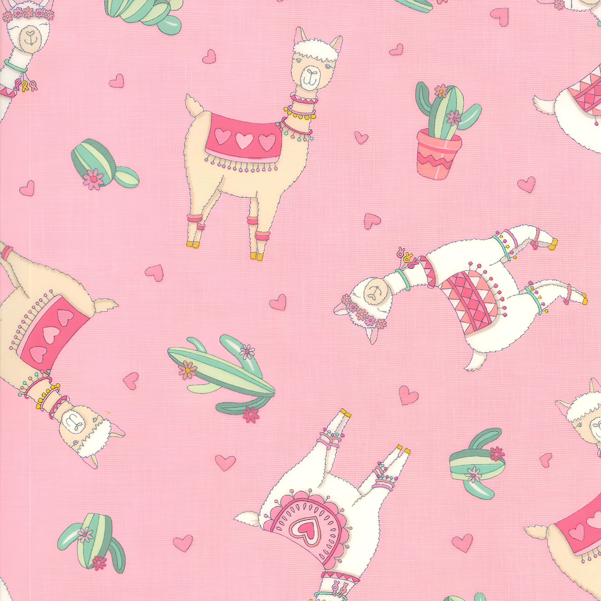 Cute quirky llamas heart shaped glasses cacti hearts pink pretty pink background fabric for girls quilts tween bedroom projects and novelty patchwork sewing