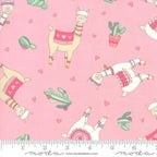 Cute quirky llamas heart shaped glasses cacti hearts pink pretty pink background fabric for girls quilts tween bedroom projects and novelty patchwork sewing