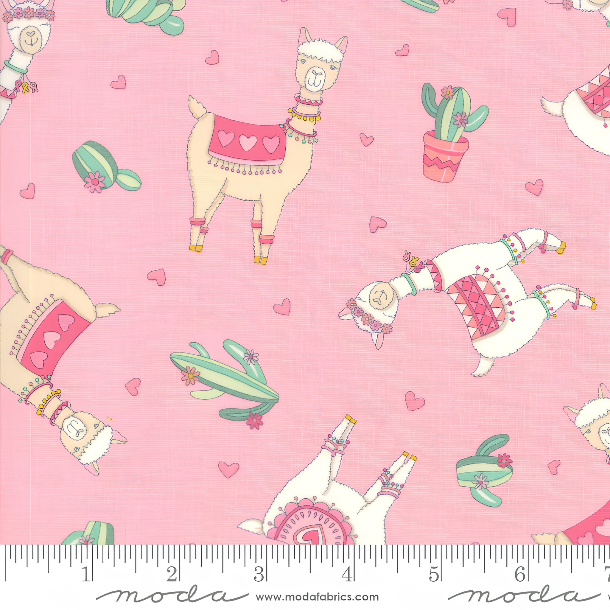 Cute quirky llamas heart shaped glasses cacti hearts pink pretty pink background fabric for girls quilts tween bedroom projects and novelty patchwork sewing